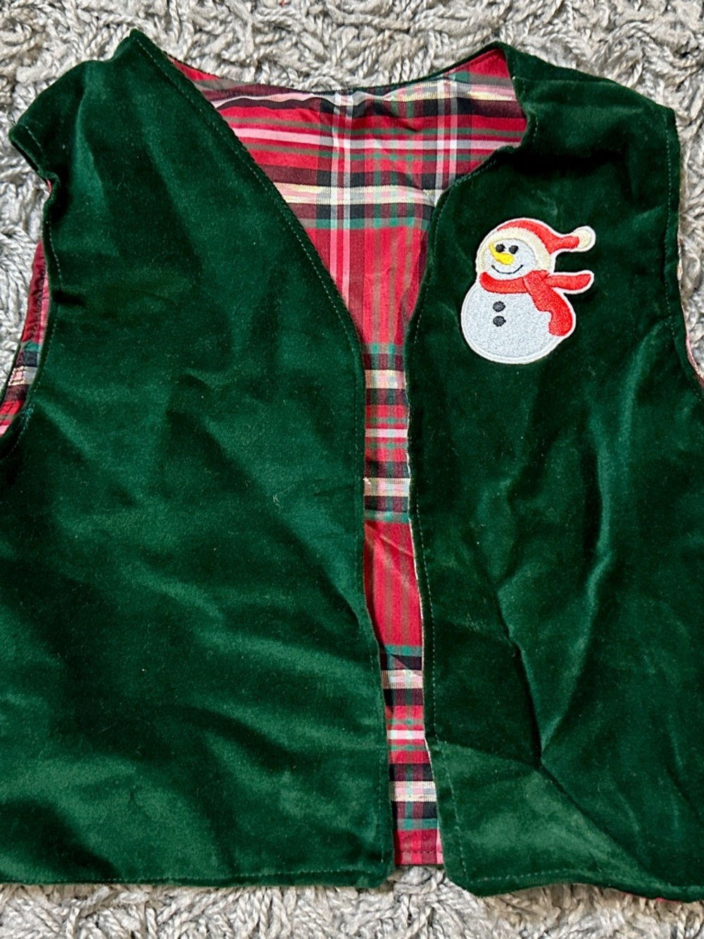 Green Velvet Holiday Vest with Snowman Patch